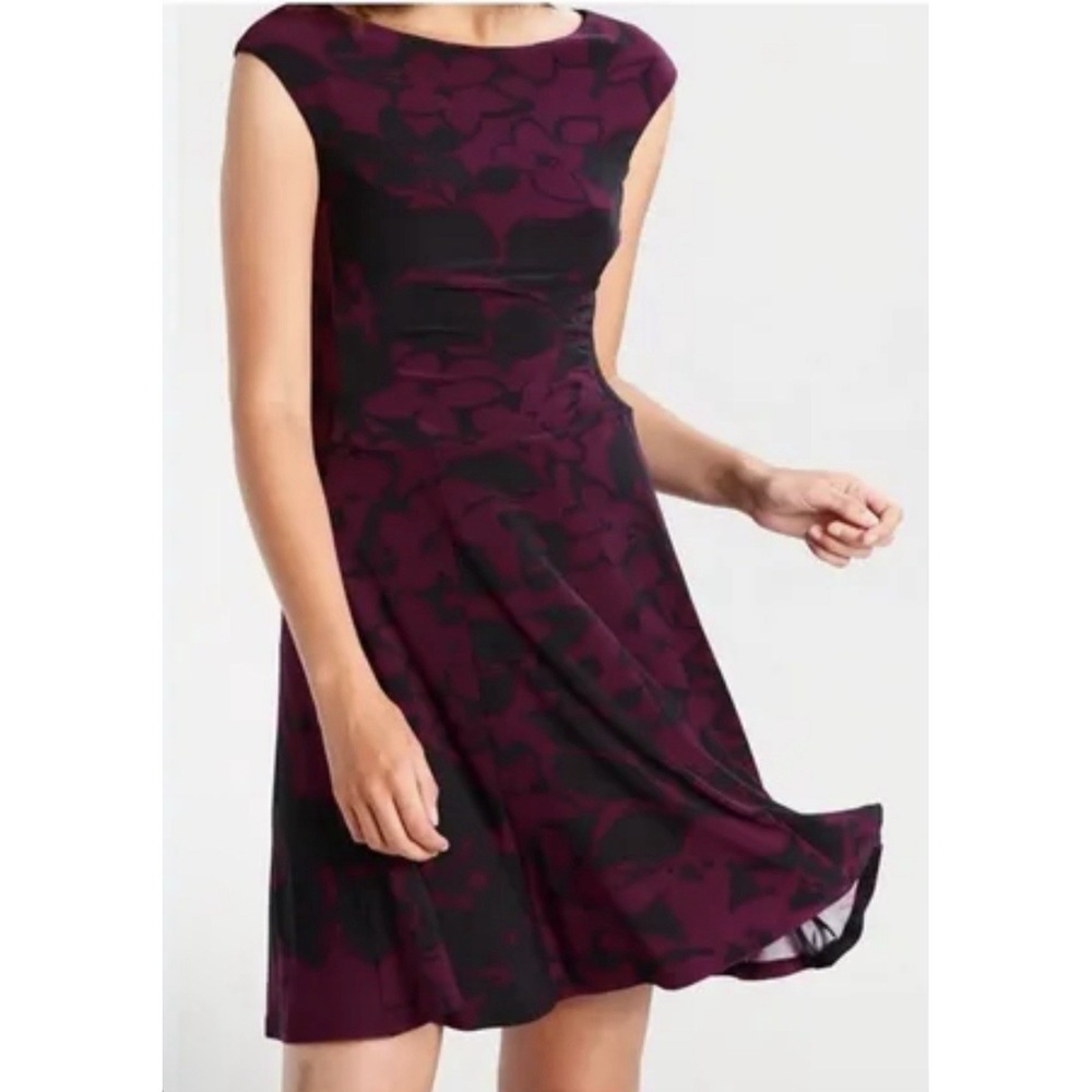 LRL Ralph Lauren 14 Dress Floral Ruched Burgundy Black Sleeveless Jersey Knit
